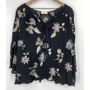 Hummingbird Floral Embroidered Blouse Women Small Black Bell Sleeves Tie V-Neck